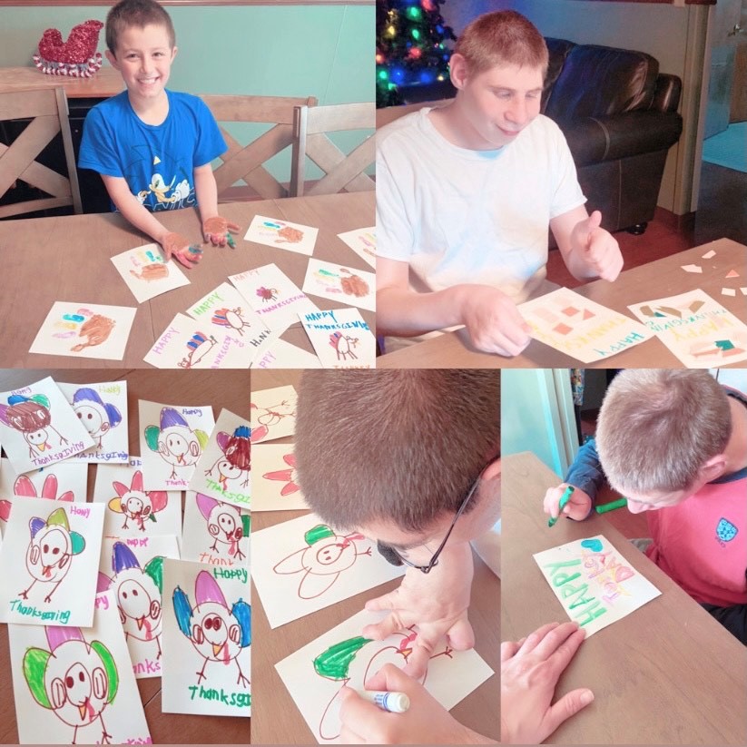 A collage of boys we support making Thanksgiving cards for nursing homes